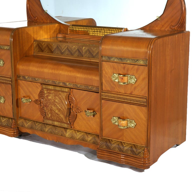 Vintage Waterfall Carved Satinwood Dressing Table with Bakelite Handles c1940