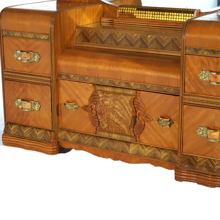 Vintage Waterfall Carved Satinwood Dressing Table with Bakelite Handles c1940