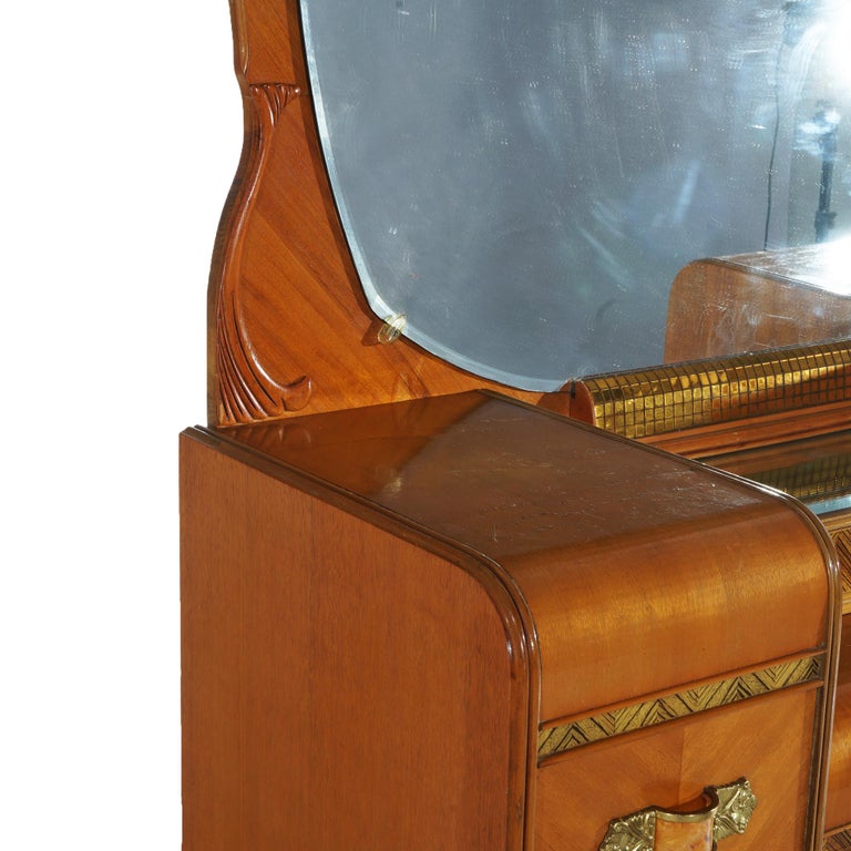 Vintage Waterfall Carved Satinwood Dressing Table with Bakelite Handles c1940