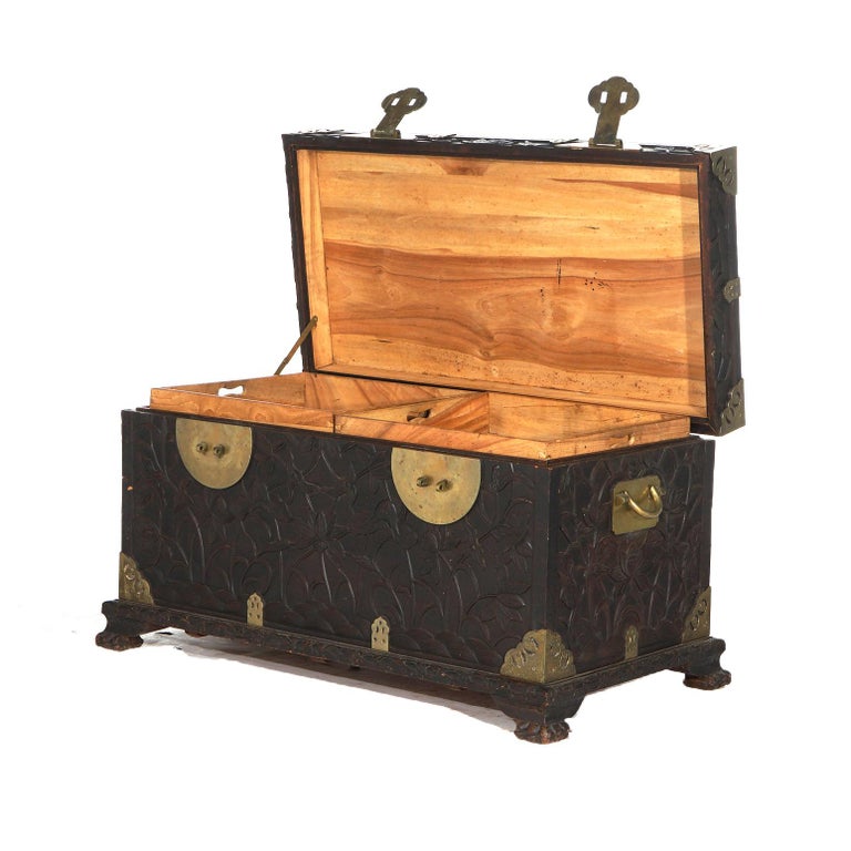 Antique Chinese Blanket Wedding Chest Carved in Relief with Floral Design C1890