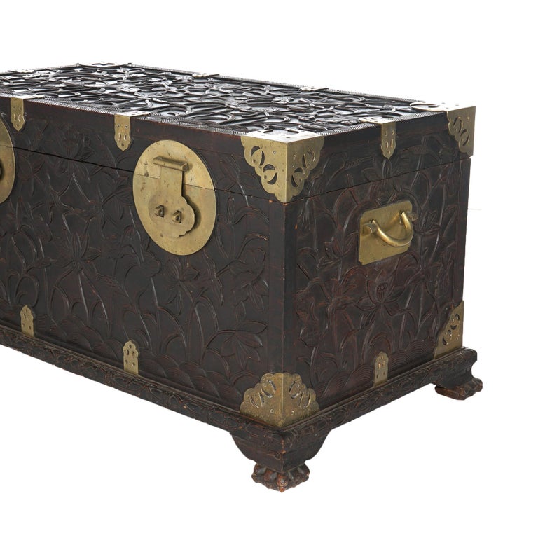 Antique Chinese Blanket Wedding Chest Carved in Relief with Floral Design C1890