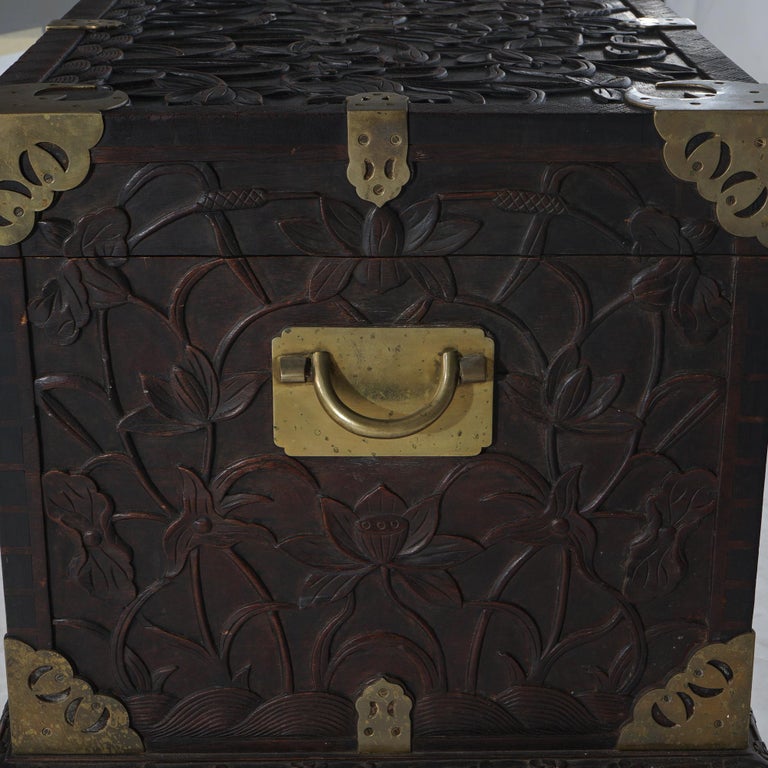 Antique Chinese Blanket Wedding Chest Carved in Relief with Floral Design C1890