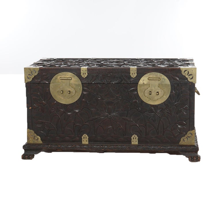 Antique Chinese Blanket Wedding Chest Carved in Relief with Floral Design C1890