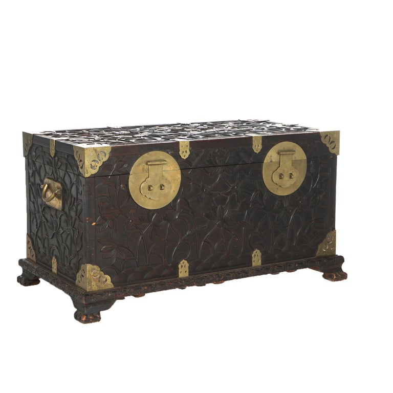 Antique Chinese Blanket Wedding Chest Carved in Relief with Floral Design C1890