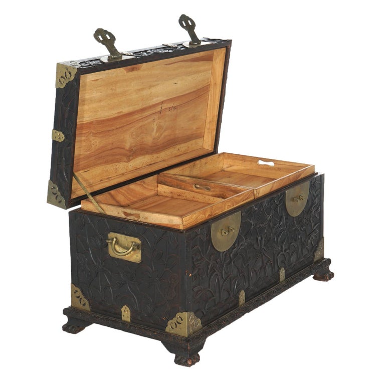 Antique Chinese Blanket Wedding Chest Carved in Relief with Floral Design C1890