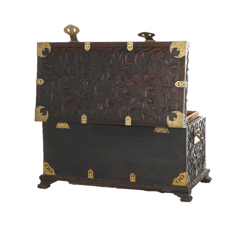 Antique Chinese Blanket Wedding Chest Carved in Relief with Floral Design C1890