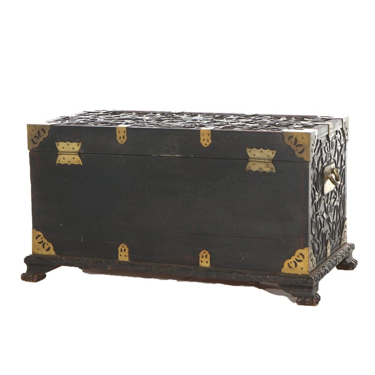 Antique Chinese Blanket Wedding Chest Carved in Relief with Floral Design C1890