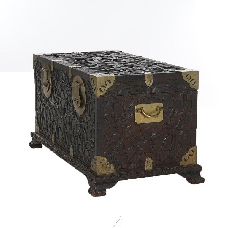 Antique Chinese Blanket Wedding Chest Carved in Relief with Floral Design C1890
