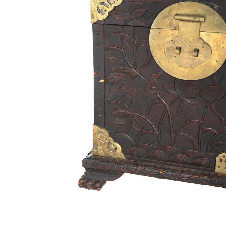 Antique Chinese Blanket Wedding Chest Carved in Relief with Floral Design C1890