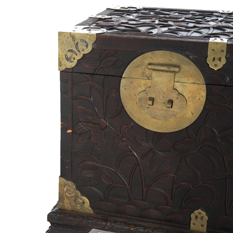 Antique Chinese Blanket Wedding Chest Carved in Relief with Floral Design C1890