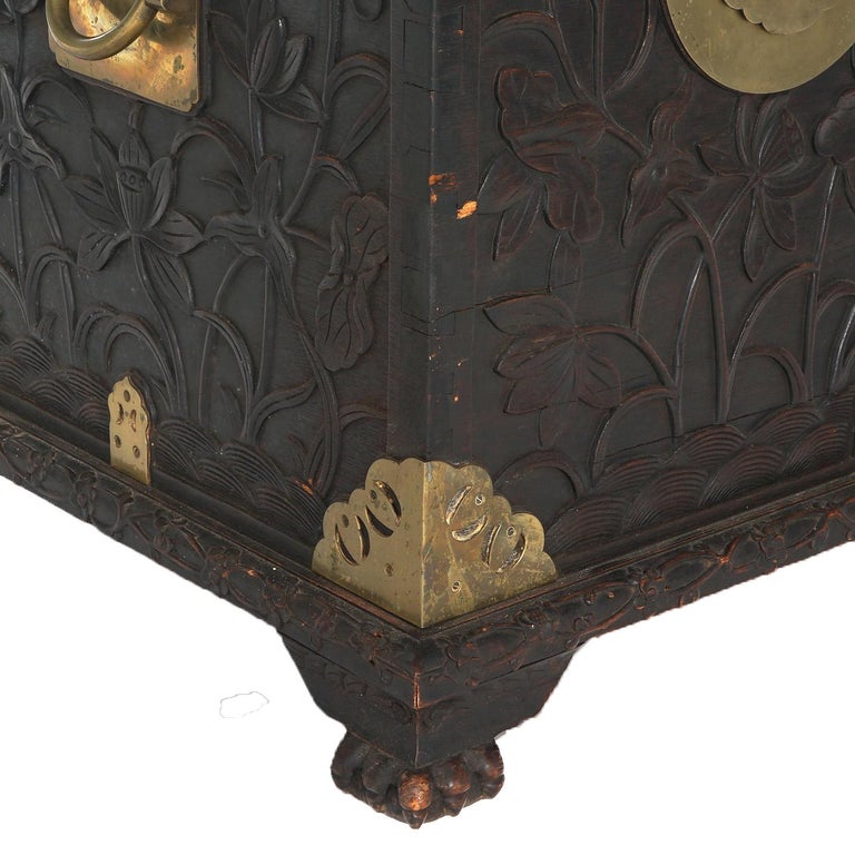 Antique Chinese Blanket Wedding Chest Carved in Relief with Floral Design C1890