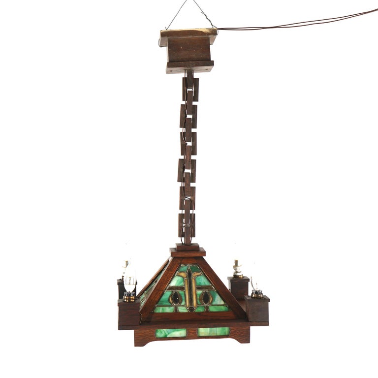 Antique Stickley School Arts & Crafts Mission Oak Leaded Slag Glass Chandelier
