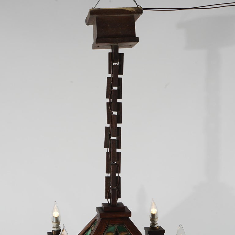 Antique Stickley School Arts & Crafts Mission Oak Leaded Slag Glass Chandelier