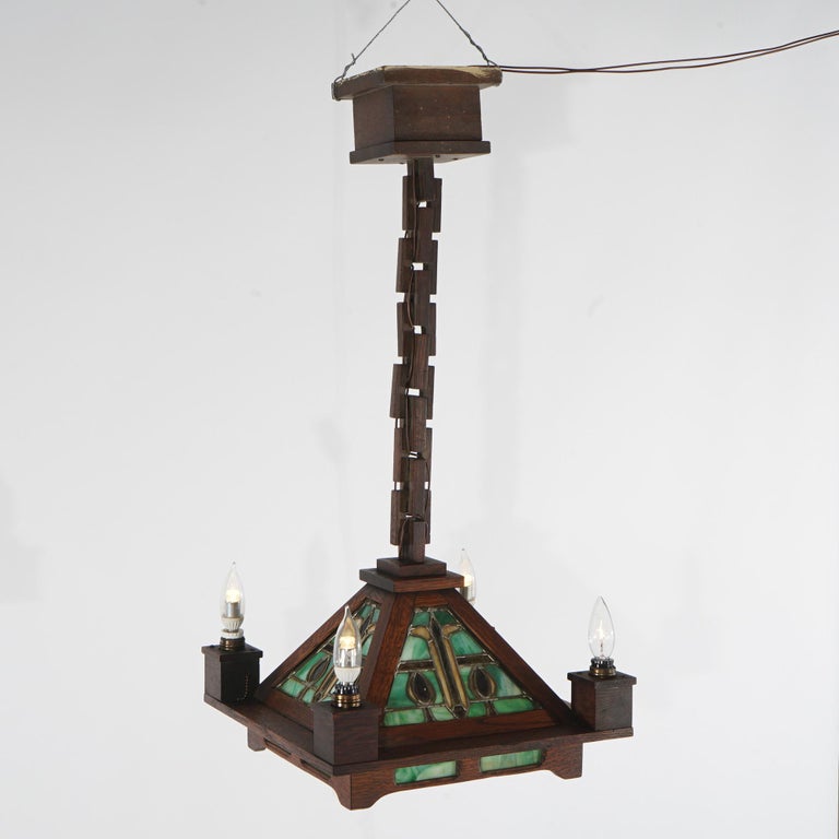 Antique Stickley School Arts & Crafts Mission Oak Leaded Slag Glass Chandelier