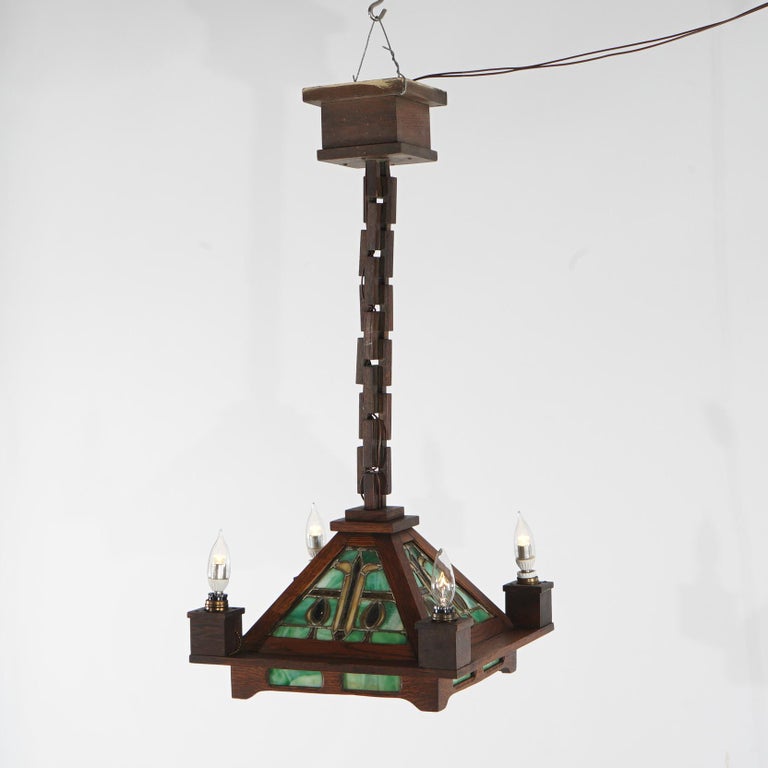 Antique Stickley School Arts & Crafts Mission Oak Leaded Slag Glass Chandelier