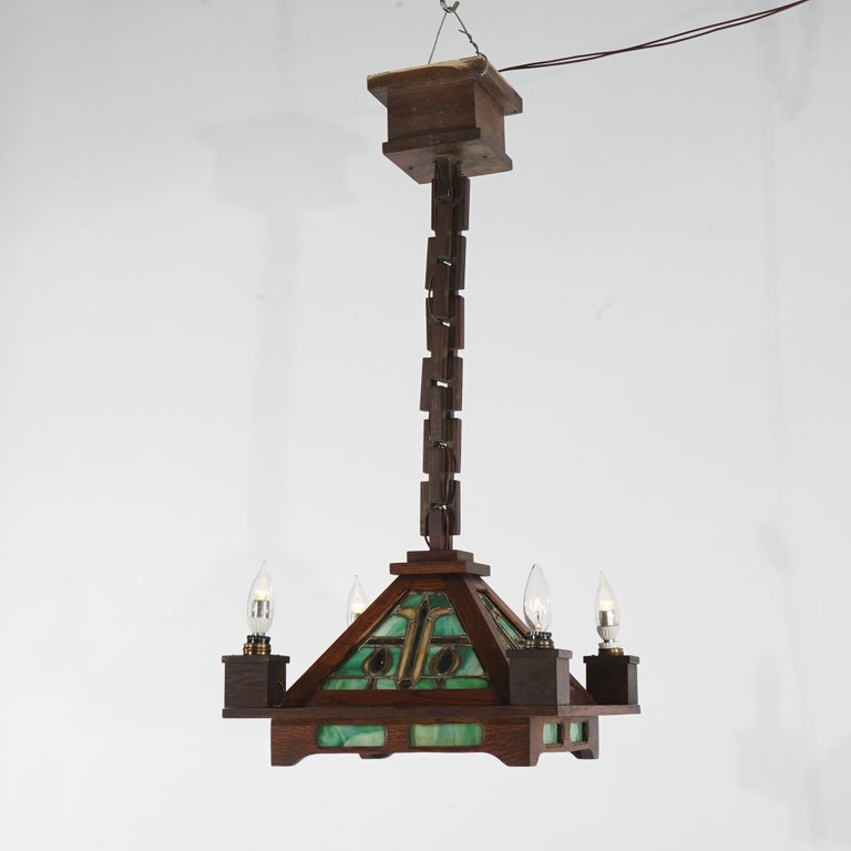 Antique Stickley School Arts & Crafts Mission Oak Leaded Slag Glass Chandelier