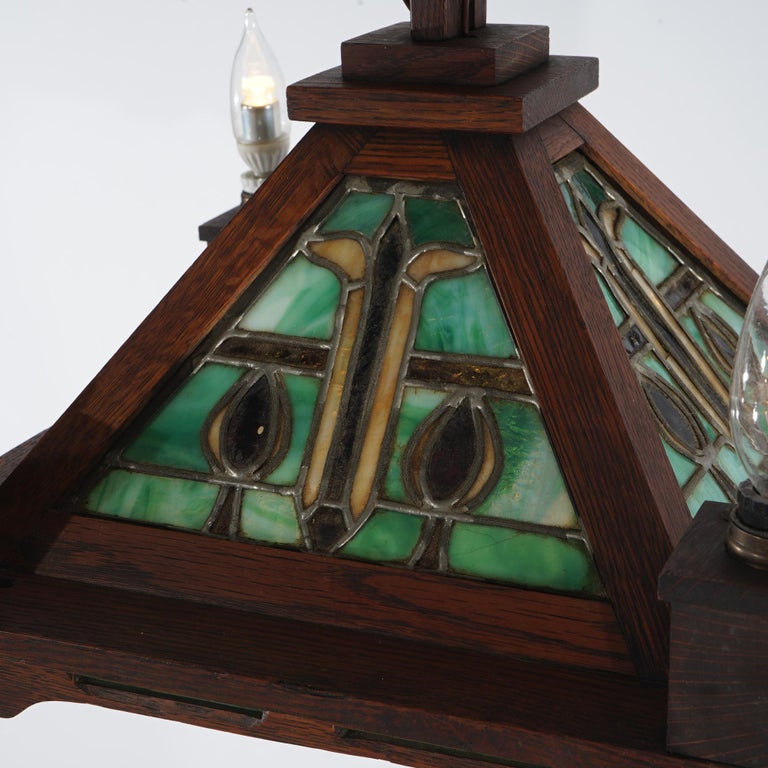 Antique Stickley School Arts & Crafts Mission Oak Leaded Slag Glass Chandelier