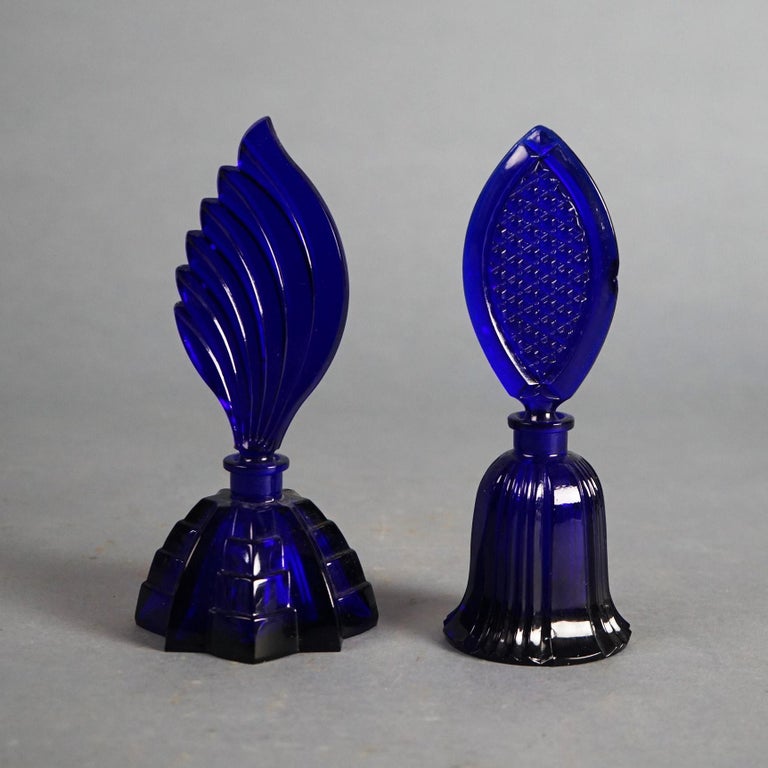 Aurel Art Deco Cobalt Blue Glass Perfume Bottles with Stoppers C1930