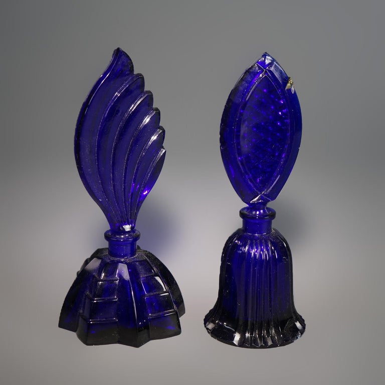 Aurel Art Deco Cobalt Blue Glass Perfume Bottles with Stoppers C1930