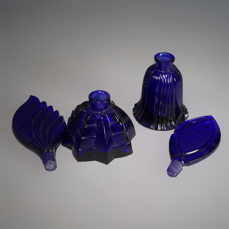 Aurel Art Deco Cobalt Blue Glass Perfume Bottles with Stoppers C1930