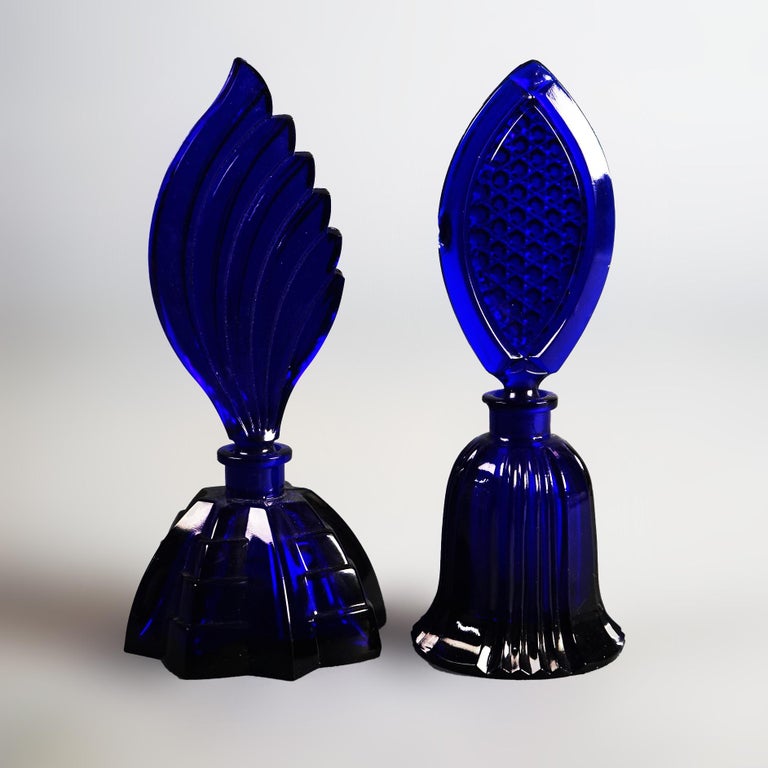 Aurel Art Deco Cobalt Blue Glass Perfume Bottles with Stoppers C1930