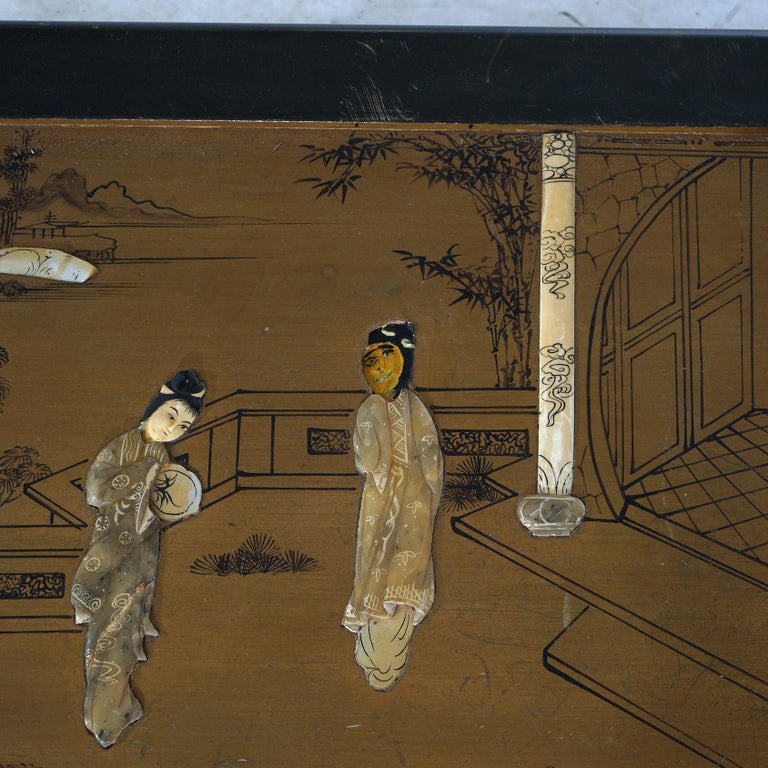 Antique Chinese Lacquered Ebonized & Gilt Blanket Chest with Mother of Pearl
