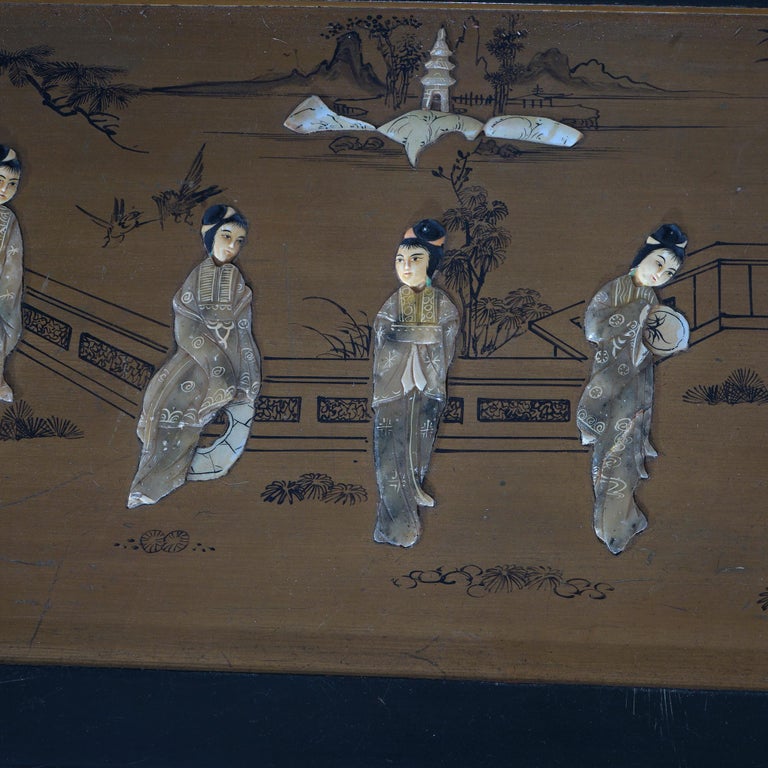 Antique Chinese Lacquered Ebonized & Gilt Blanket Chest with Mother of Pearl