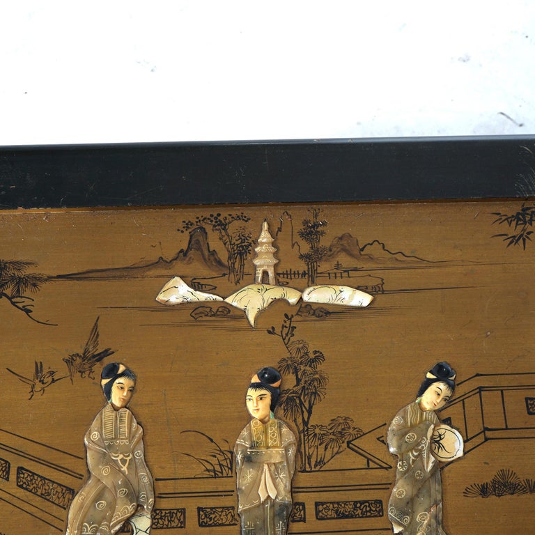 Antique Chinese Lacquered Ebonized & Gilt Blanket Chest with Mother of Pearl