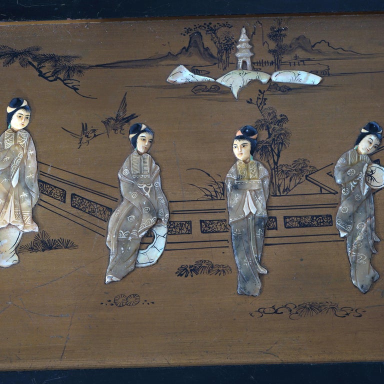 Antique Chinese Lacquered Ebonized & Gilt Blanket Chest with Mother of Pearl