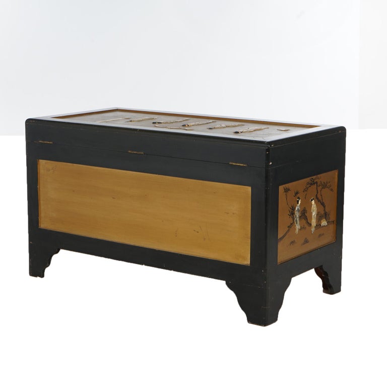 Antique Chinese Lacquered Ebonized & Gilt Blanket Chest with Mother of Pearl