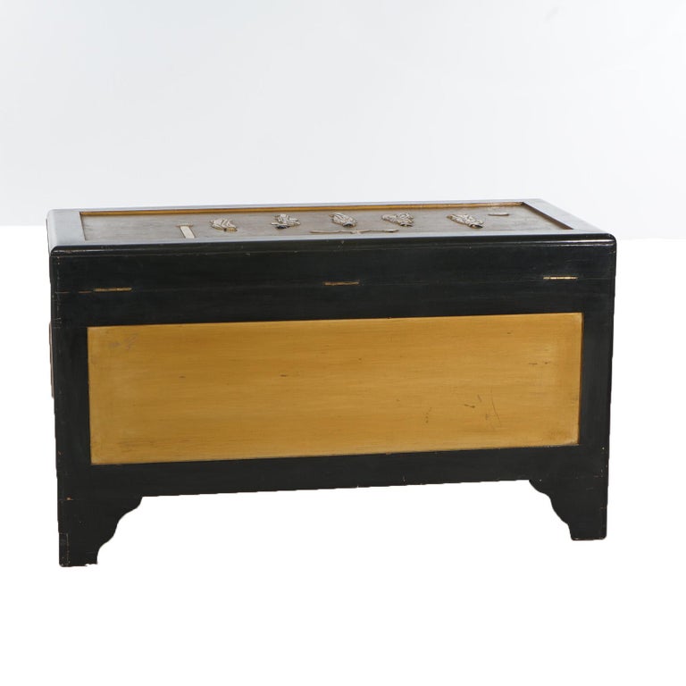 Antique Chinese Lacquered Ebonized & Gilt Blanket Chest with Mother of Pearl