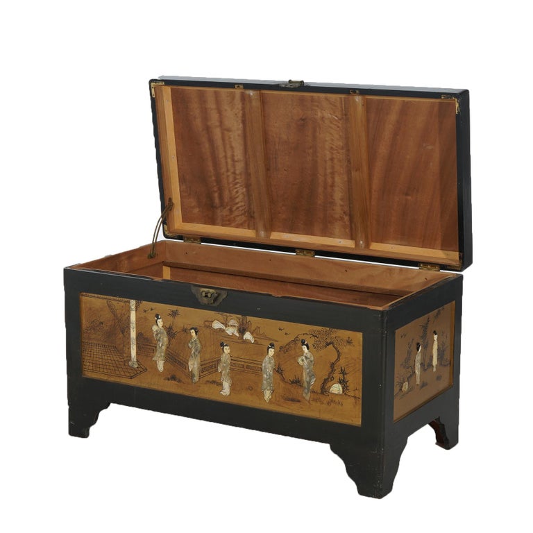 Antique Chinese Lacquered Ebonized & Gilt Blanket Chest with Mother of Pearl