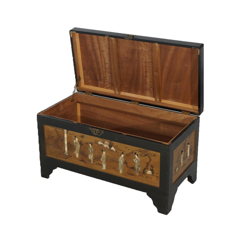 Antique Chinese Lacquered Ebonized & Gilt Blanket Chest with Mother of Pearl