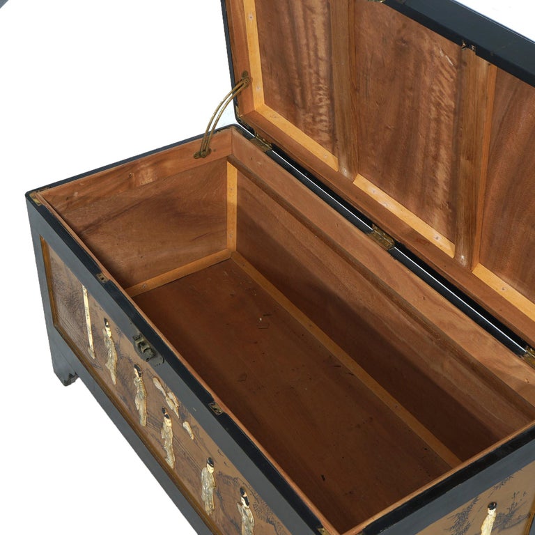 Antique Chinese Lacquered Ebonized & Gilt Blanket Chest with Mother of Pearl