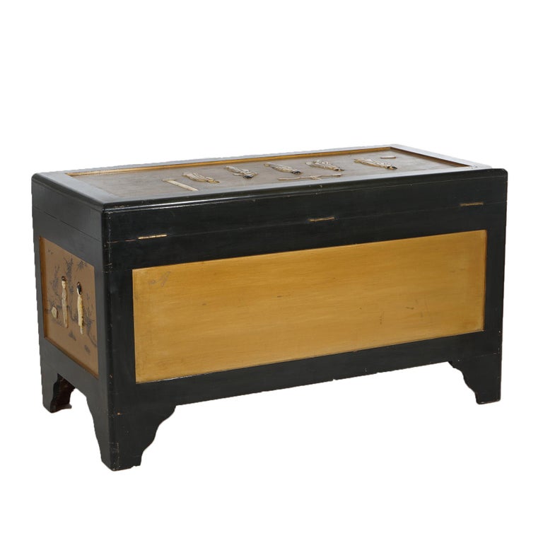 Antique Chinese Lacquered Ebonized & Gilt Blanket Chest with Mother of Pearl