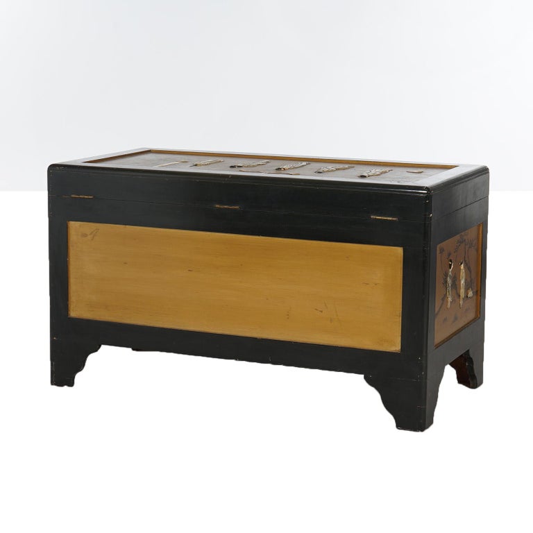 Antique Chinese Lacquered Ebonized & Gilt Blanket Chest with Mother of Pearl