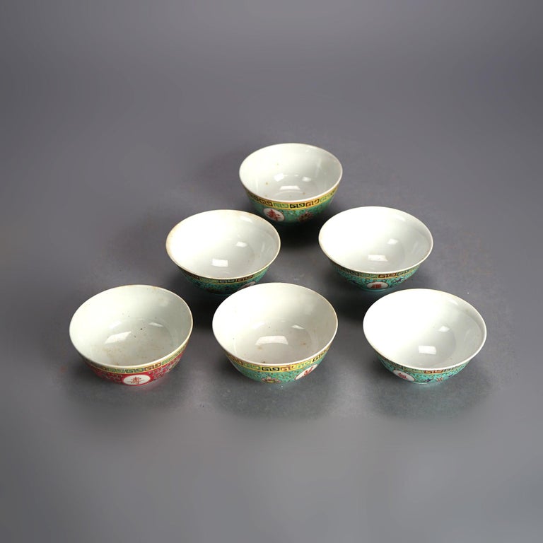 Six Antique Chinese Porcelain Enamel Decorated Rice Bowls C1910