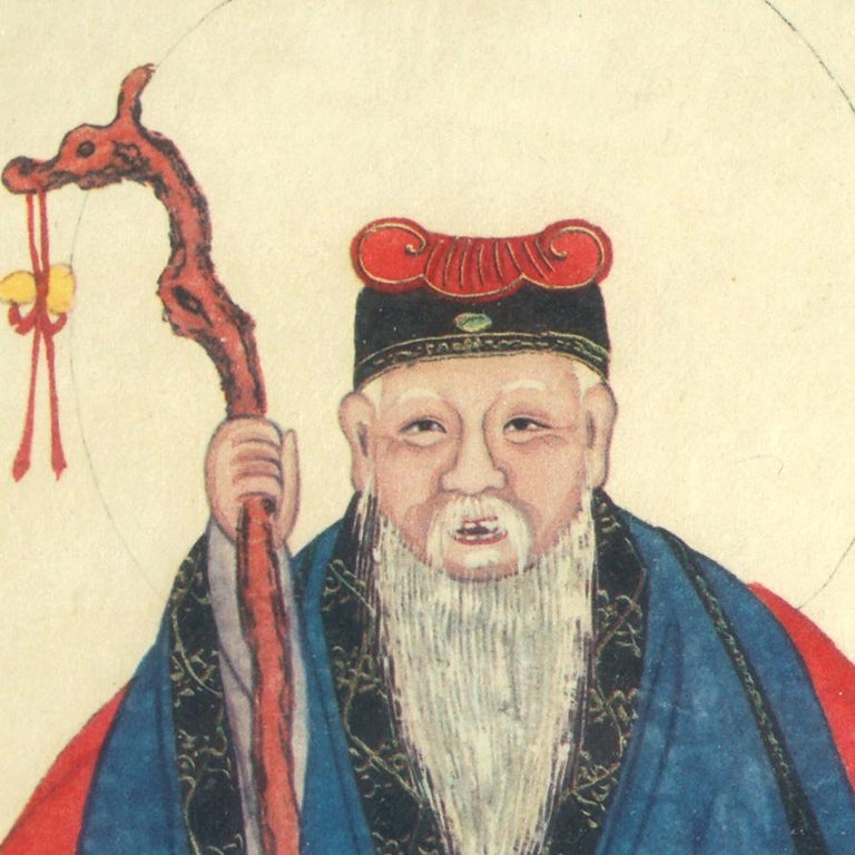 Antique Chinese Watercolor Painting of a Deity, Framed, C1900