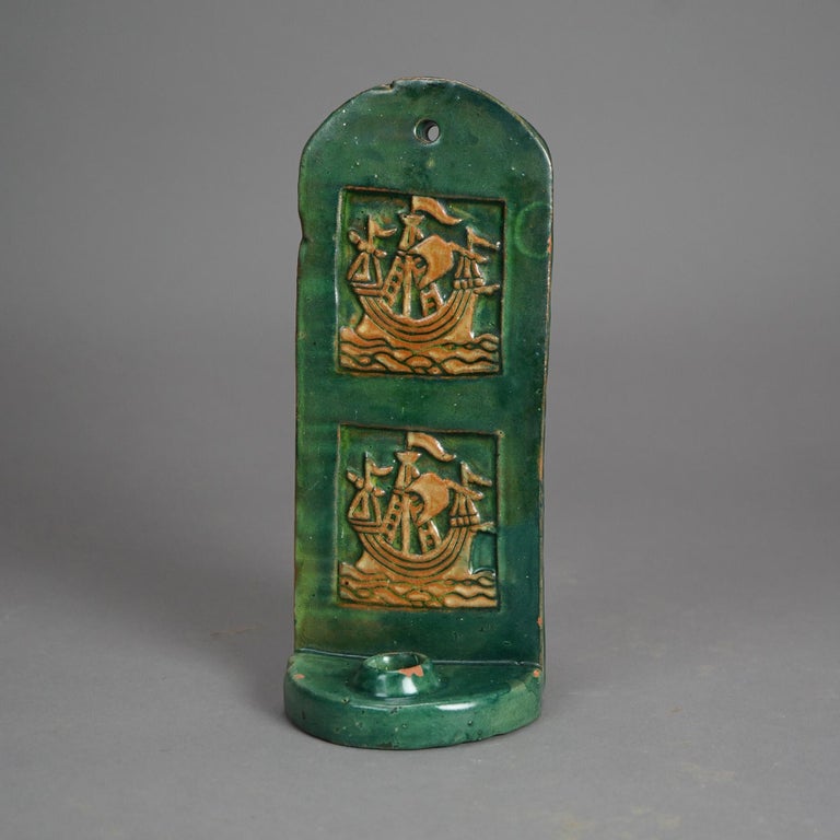 Antique Monmouth Pottery Slab Terra Cotta Candle Sconce, Bucks County, c1910