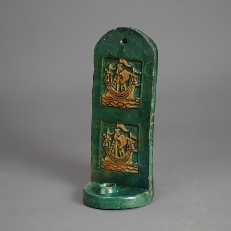 Antique Monmouth Pottery Slab Terra Cotta Candle Sconce, Bucks County, c1910
