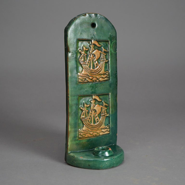 Antique Monmouth Pottery Slab Terra Cotta Candle Sconce, Bucks County, c1910