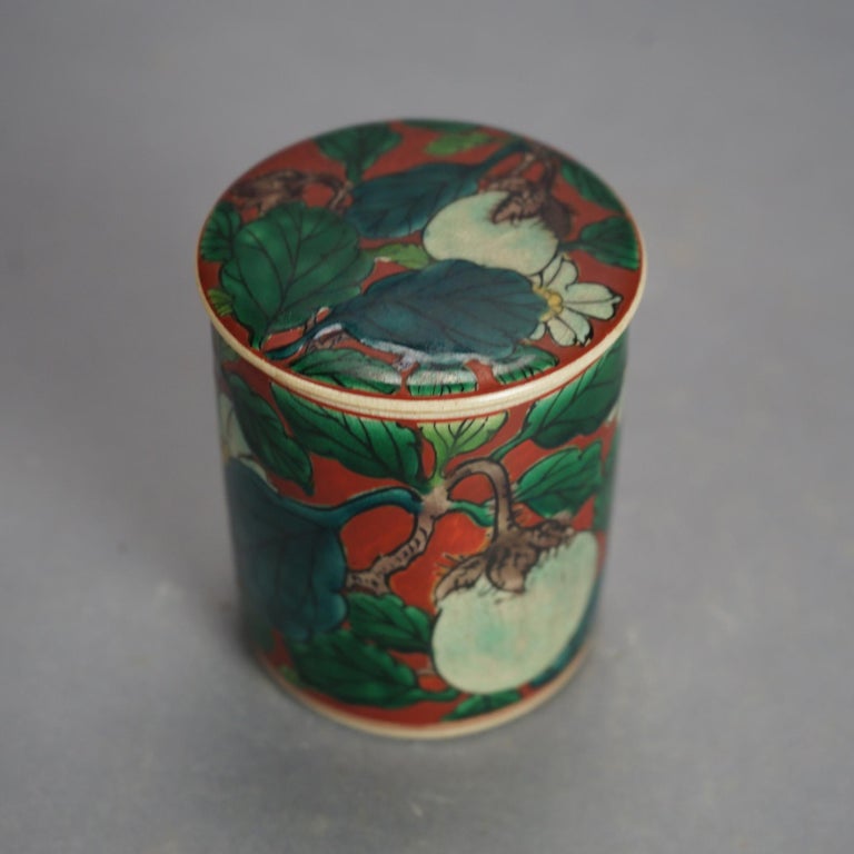 Antique Asian Enameled Hand Painted Porcelain Tea Canister with Fruit C1920