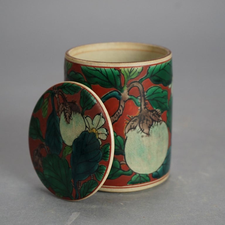 Antique Asian Enameled Hand Painted Porcelain Tea Canister with Fruit C1920