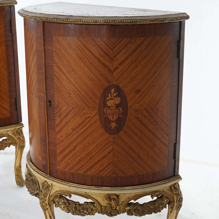 Two Antique Antique French Satinwood Inlaid Marquetry Demilune Side Tables C1920
