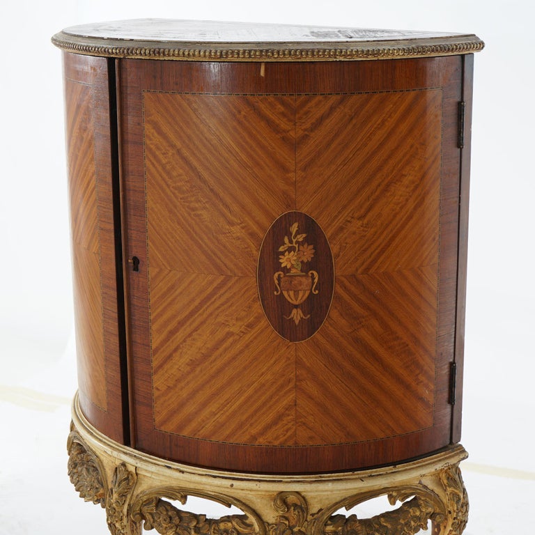 Two Antique Antique French Satinwood Inlaid Marquetry Demilune Side Tables C1920