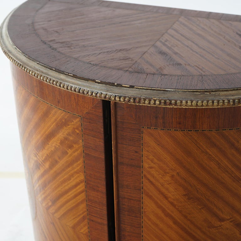 Two Antique Antique French Satinwood Inlaid Marquetry Demilune Side Tables C1920