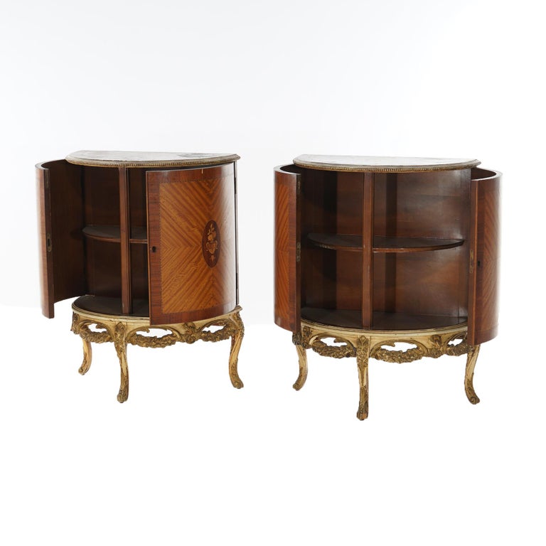 Two Antique Antique French Satinwood Inlaid Marquetry Demilune Side Tables C1920
