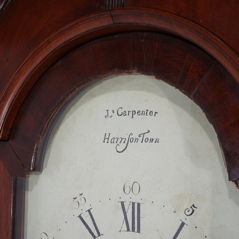 Antique English J. Carpenter Harris Town Flame Mahogany Grandfather Clock 19thC