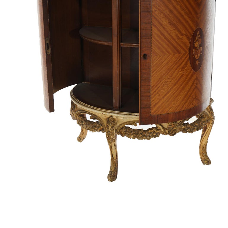 Two Antique Antique French Satinwood Inlaid Marquetry Demilune Side Tables C1920