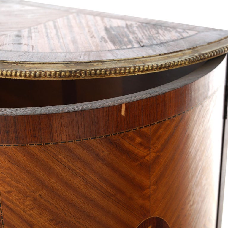 Two Antique Antique French Satinwood Inlaid Marquetry Demilune Side Tables C1920